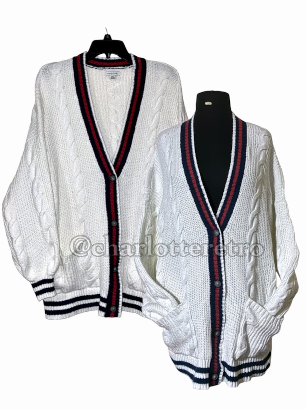 vtg American Eagle • Cable Knit Cardigan Sweater w Pockets • Oversized